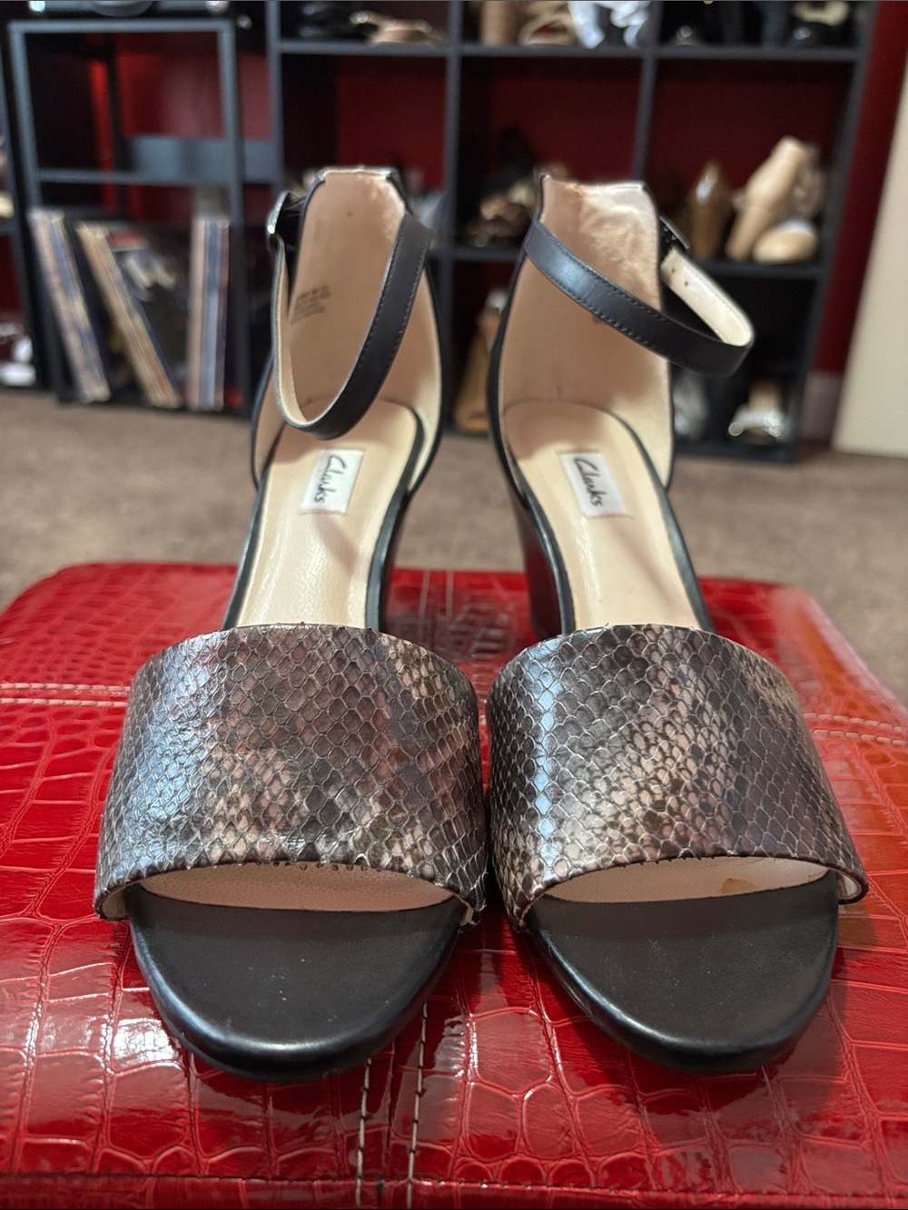 Clarks Black and Brown Snake-Print Ankle-Strap Heels